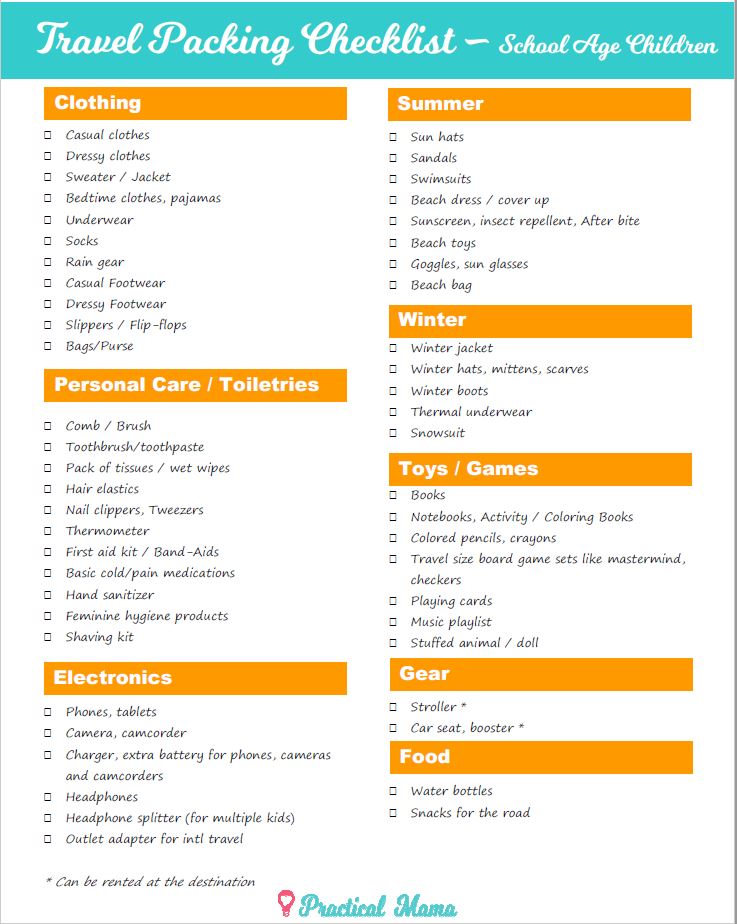 Packing list for traveling with school age children